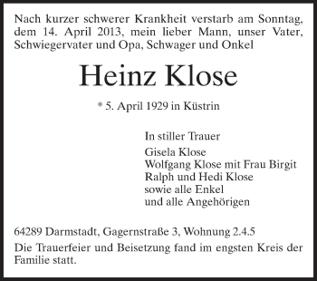 Traueranzeige von Heinz Klose von Echo-Zeitungen (Gesamtausgabe)