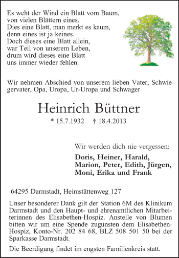 Traueranzeige von Heinrich Büttner von Echo-Zeitungen (Gesamtausgabe)