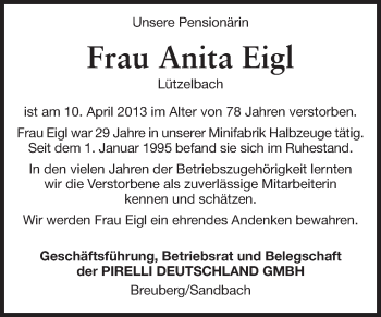 Traueranzeige von Anita Eigl von Odenwälder Echo