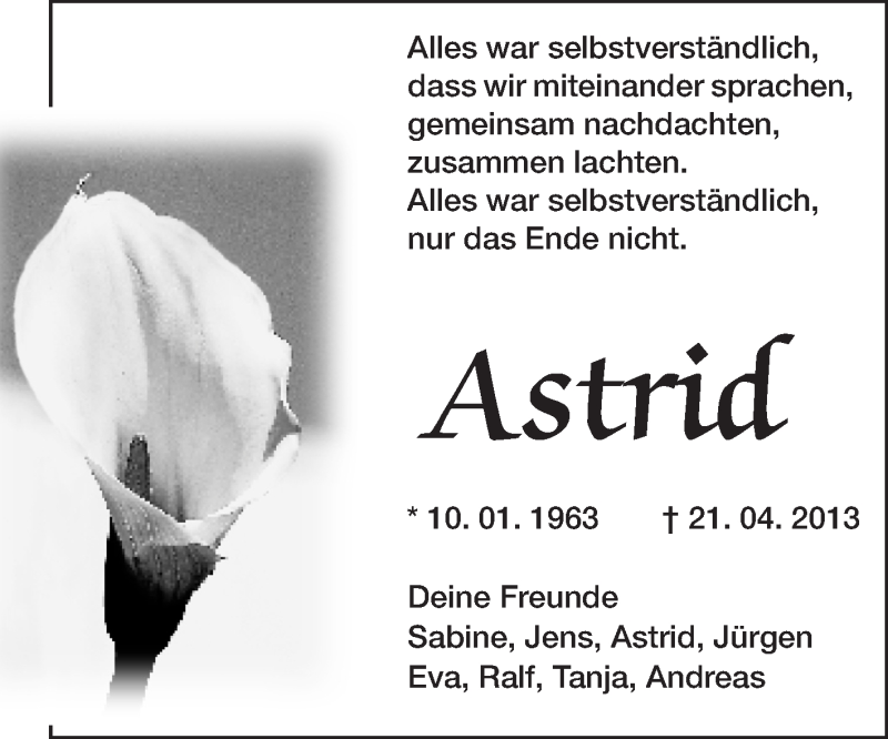  Traueranzeige für Astrid Trautmann vom 25.04.2013 aus Odenwälder Echo