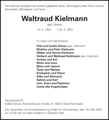 Traueranzeige von Waltraud Kielmann von Echo-Zeitungen (Gesamtausgabe)