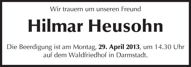  Traueranzeige für Hilmar Heusohn vom 27.04.2013 aus Echo-Zeitungen (Gesamtausgabe)