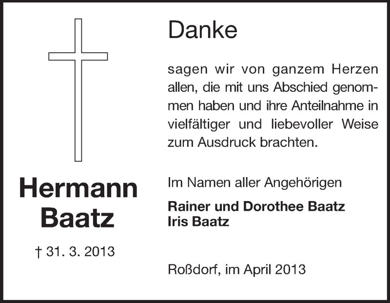  Traueranzeige für Hermann Baatz vom 27.04.2013 aus Echo-Zeitungen (Gesamtausgabe)