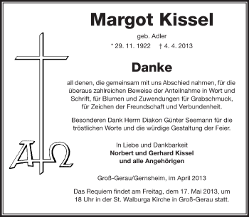 Traueranzeige von Margot Kissel von Rüsselsheimer Echo, Groß-Gerauer-Echo, Ried Echo