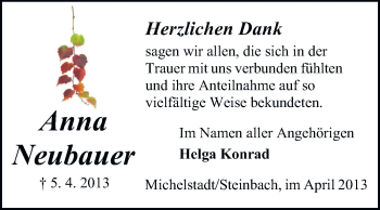 Traueranzeige von Anna Neubauer von Odenwälder Echo