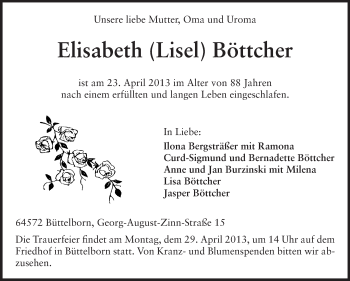 Traueranzeige von Elisabeth Böttcher von Rüsselsheimer Echo, Groß-Gerauer-Echo, Ried Echo