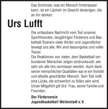 Traueranzeige von Urs Lufft von Echo-Zeitungen (Gesamtausgabe)
