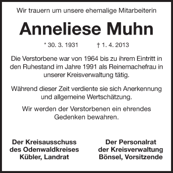 Traueranzeige von Anneliese Muhn von Odenwälder Echo