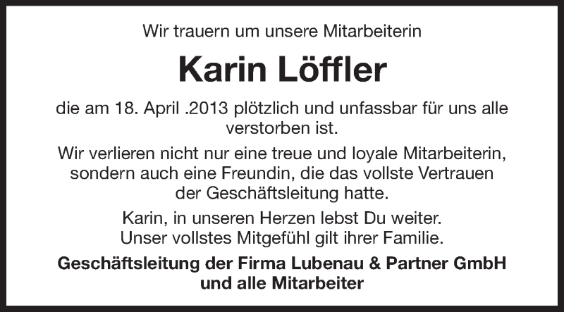  Traueranzeige für Karin Löffler vom 27.04.2013 aus Echo-Zeitungen (Gesamtausgabe)