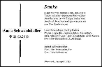 Traueranzeige von Anna Schwanhäußer von Rüsselsheimer Echo, Groß-Gerauer-Echo, Ried Echo