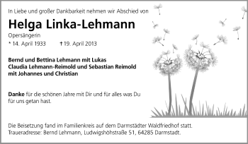 Traueranzeige von Helga Linka-Lehmann von Echo-Zeitungen (Gesamtausgabe)