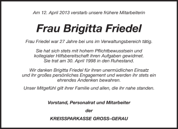 Traueranzeige von Brigitta Friedel von Rüsselsheimer Echo, Groß-Gerauer-Echo, Ried Echo