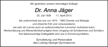 Traueranzeige von Anna Jäger von Echo-Zeitungen (Gesamtausgabe)
