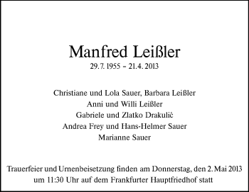 Traueranzeige von Manfred Leißler von Echo-Zeitungen (Gesamtausgabe)