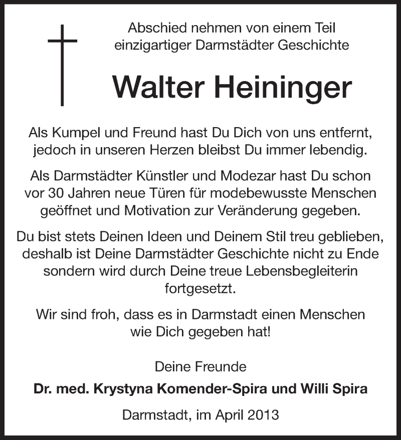  Traueranzeige für Walter Heininger vom 27.04.2013 aus Echo-Zeitungen (Gesamtausgabe)