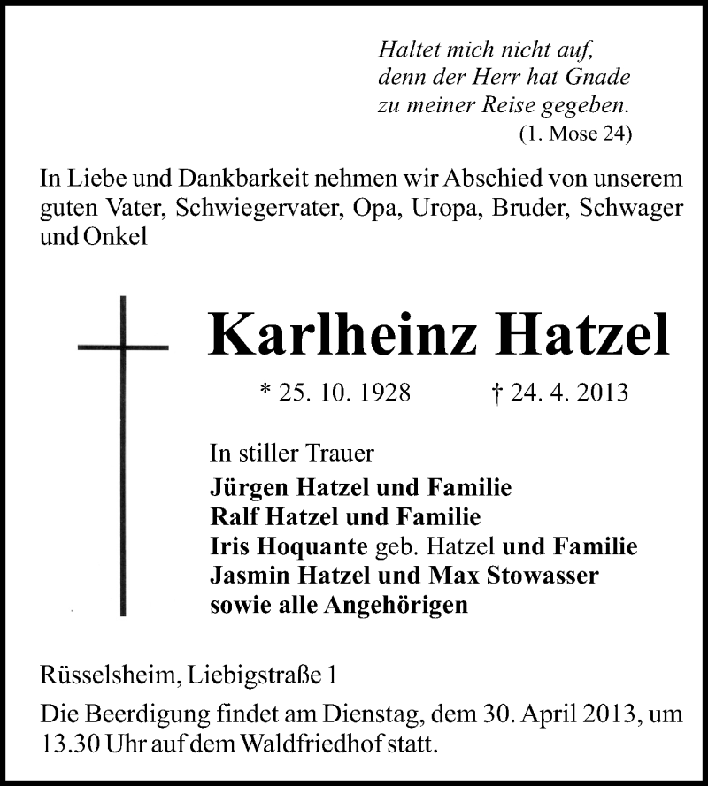  Traueranzeige für Karlheinz Hatzel vom 26.04.2013 aus Rüsselsheimer Echo, Groß-Gerauer-Echo, Ried Echo