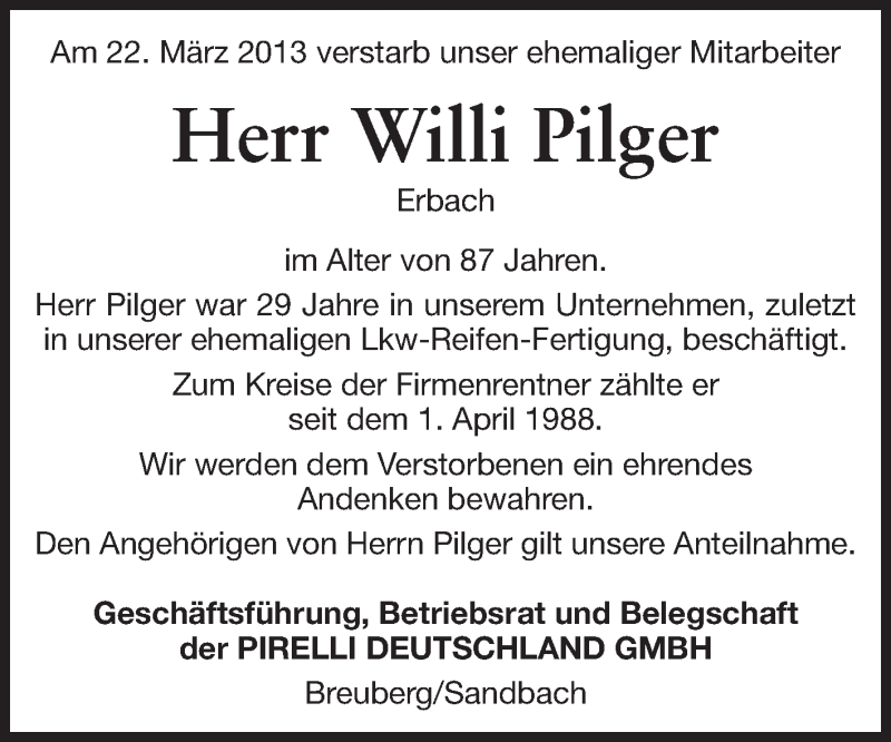  Traueranzeige für Willi Pilger vom 26.04.2013 aus Odenwälder Echo