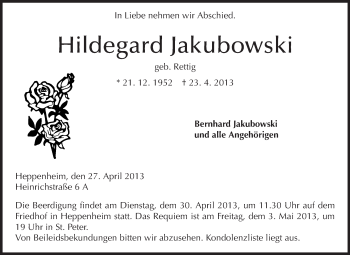 Traueranzeige von Hildegard Jakubowski von Starkenburger Echo