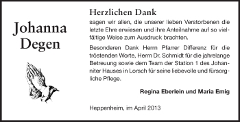 Traueranzeige von Johanna Degen von Starkenburger Echo