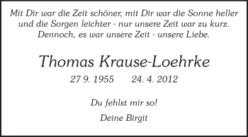 Traueranzeige von Thomas Krause-Loehrke von Echo-Zeitungen (Gesamtausgabe)