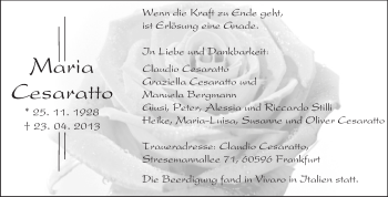 Traueranzeige von Maria Cesaratto von Echo-Zeitungen (Gesamtausgabe)