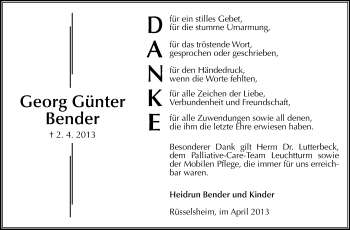 Traueranzeige von Georg Günter Bender von Rüsselsheimer Echo, Groß-Gerauer-Echo, Ried Echo
