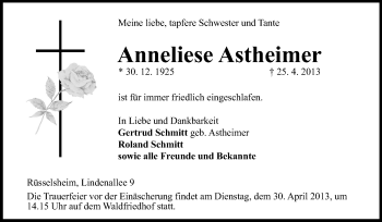 Traueranzeige von Anneliese Astheimer von Rüsselsheimer Echo, Groß-Gerauer-Echo, Ried Echo