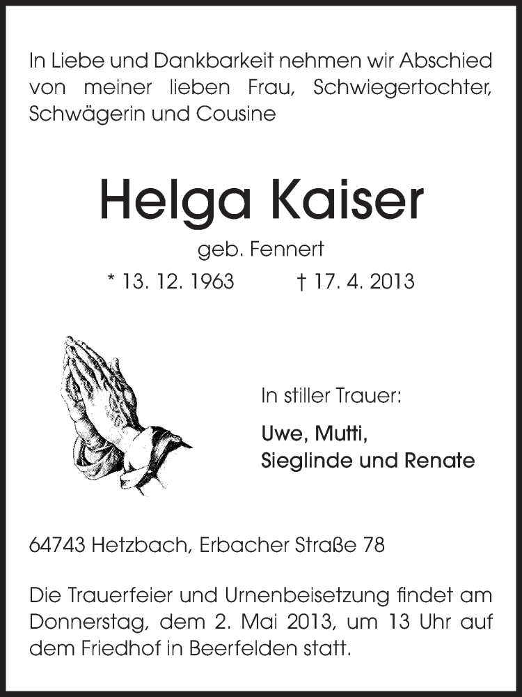  Traueranzeige für Helga Kaiser vom 29.04.2013 aus Odenwälder Echo