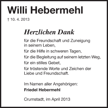Traueranzeige von Willi Hebermehl von Rüsselsheimer Echo, Groß-Gerauer-Echo, Ried Echo