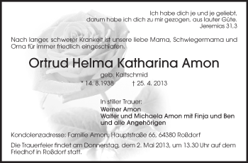 Traueranzeige von Ortrud Helma Katharina Amon von Darmstädter Echo, Odenwälder Echo, Rüsselsheimer Echo, Groß-Gerauer-Echo, Ried Echo