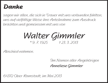 Traueranzeige von Walter Gimmler von Echo-Zeitungen (Gesamtausgabe)