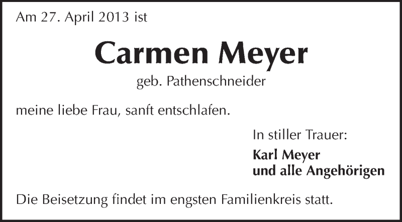 Traueranzeige für Carmen Meyer vom 04.05.2013 aus Echo-Zeitungen (Gesamtausgabe)
