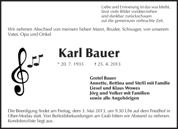Traueranzeige von Karl Bauer von Echo-Zeitungen (Gesamtausgabe)
