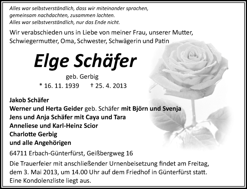  Traueranzeige für Elge Schäfer vom 30.04.2013 aus Odenwälder Echo