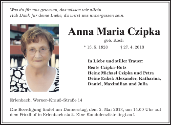 Traueranzeige von Anna Maria Czipka von Starkenburger Echo