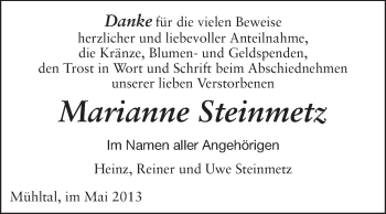 Traueranzeige von Marianne Steinmetz von Echo-Zeitungen (Gesamtausgabe)