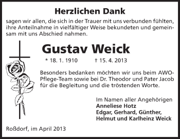 Traueranzeige von Gustav Weick von Echo-Zeitungen (Gesamtausgabe)