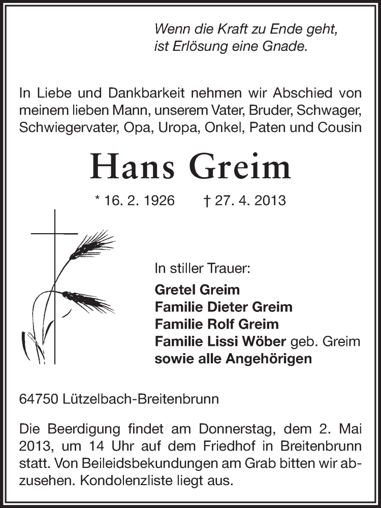  Traueranzeige für Hans Greim vom 30.04.2013 aus Odenwälder Echo