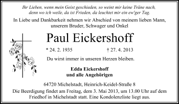 Traueranzeige von Paul Eickershoff von Odenwälder Echo