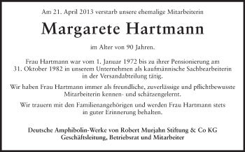 Traueranzeige von Margarete Hartmann von Echo-Zeitungen (Gesamtausgabe)
