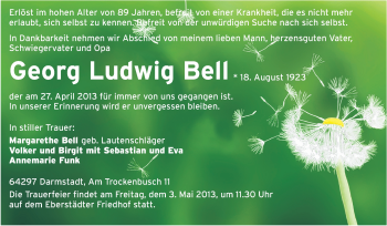 Traueranzeige von Georg Ludwig Bell von Echo-Zeitungen (Gesamtausgabe)