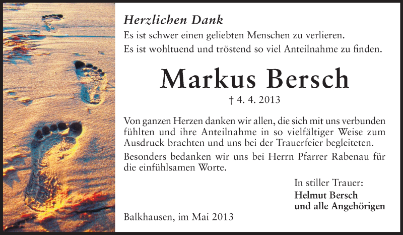  Traueranzeige für Markus Bersch vom 04.05.2013 aus Echo-Zeitungen (Gesamtausgabe)