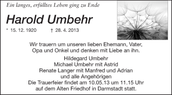 Traueranzeige von Harold Umbehr von Echo-Zeitungen (Gesamtausgabe)