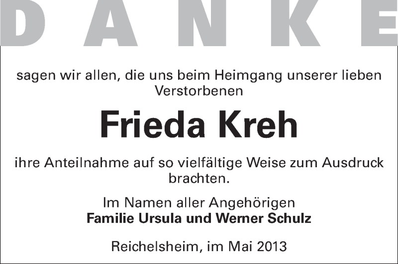  Traueranzeige für Frieda Kreh vom 04.05.2013 aus Odenwälder Echo