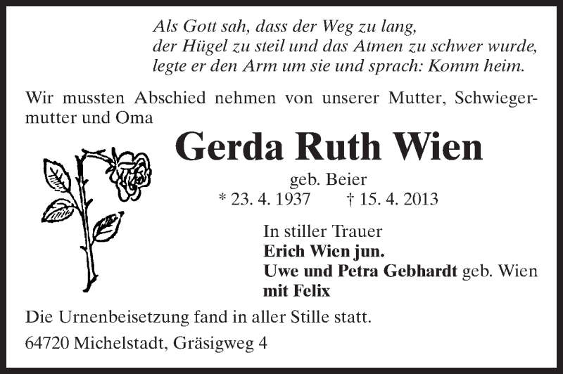  Traueranzeige für Gerda Ruth Wien vom 02.05.2013 aus Odenwälder Echo