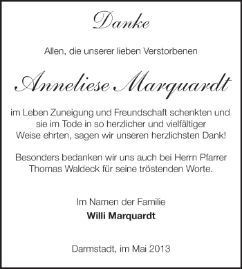 Traueranzeige von Anneliese Marquardt von Echo-Zeitungen (Gesamtausgabe)
