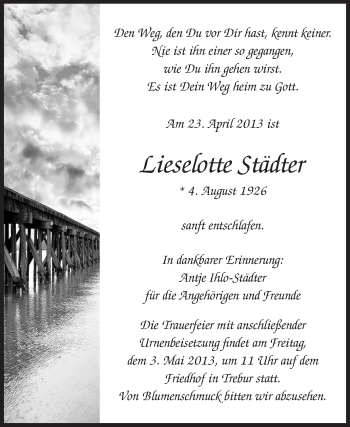 Traueranzeige von Lieselotte Städter von Rüsselsheimer Echo, Groß-Gerauer-Echo, Ried Echo