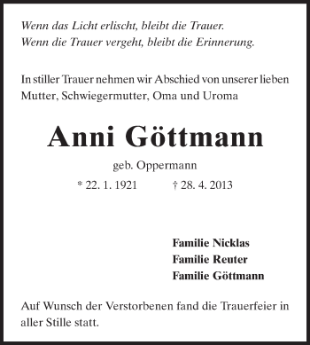 Traueranzeige von Anni Göttmann von Darmstädter Echo, Odenwälder Echo, Rüsselsheimer Echo, Groß-Gerauer-Echo, Ried Echo