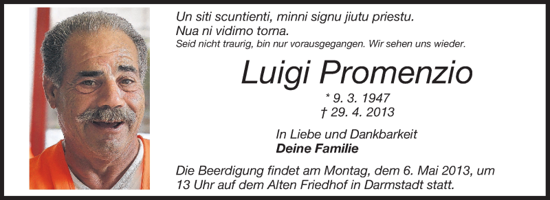  Traueranzeige für Luigi Promenzio vom 04.05.2013 aus Darmstädter Echo