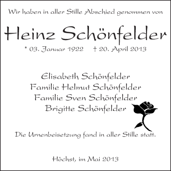 Traueranzeige von Heinz Schönfelder von Odenwälder Echo